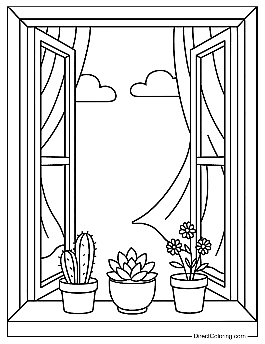 Coloring page of an open window, the curtains fluttering in the wind, on the windowsill are a few pots of summer plants: cacti, succulents and small daisies.